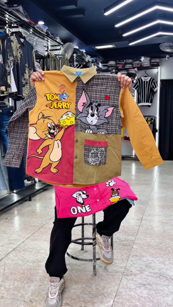 Unique Hand-Painted Cartoon Denim Shirt for Men with Christmas Theme - Photo 4