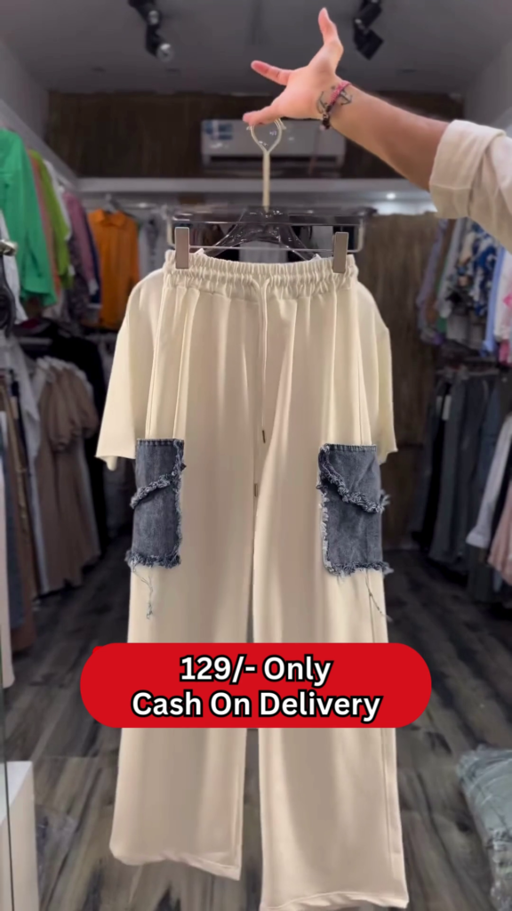Trendy Women's Cream Cropped T-Shirt and Wide-Leg Pants Set with Chain Detail - Photo 2