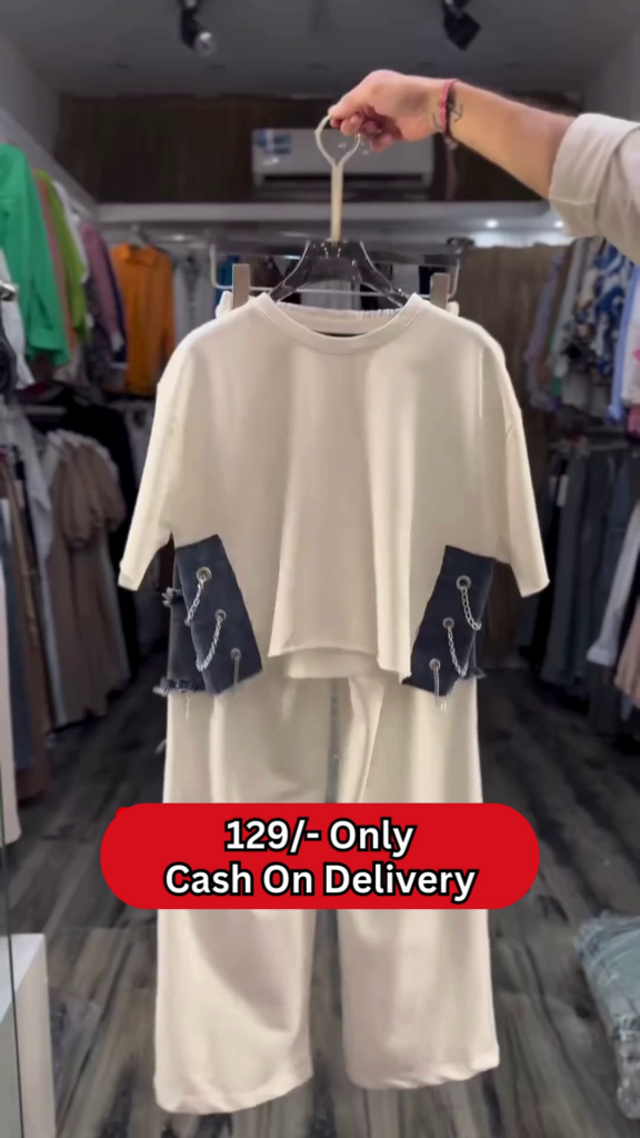 Trendy Women's Cream Cropped T-Shirt and Wide-Leg Pants Set with Chain Detail - Photo 1