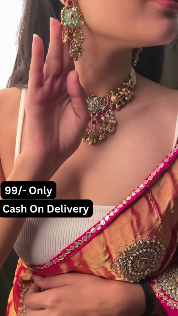Exquisite Kundan Choker Necklace Set with Green Stone and Pearl Drops - Photo 2
