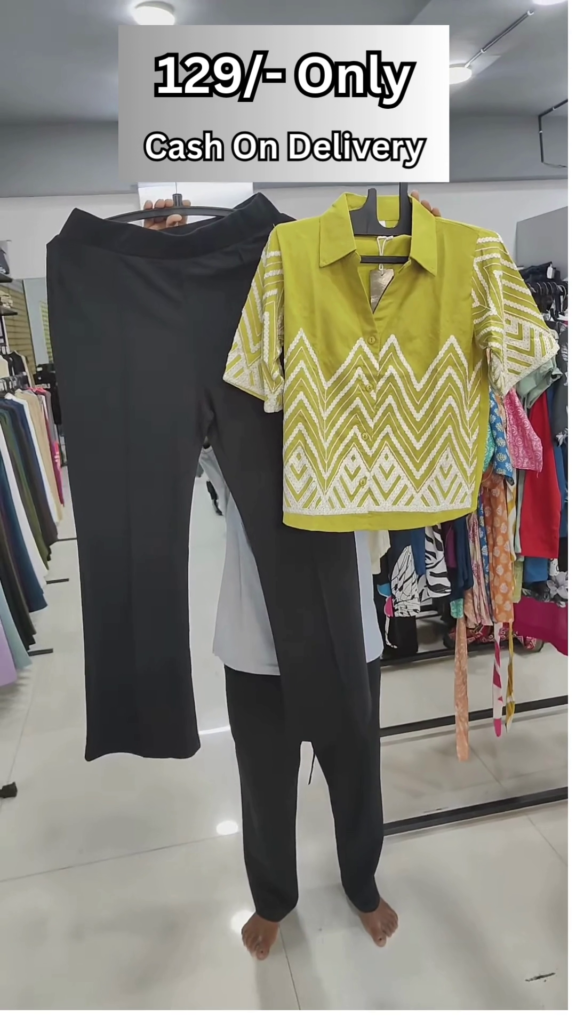 Trendy Women's Olive Green and White Zigzag Embroidered Top with Black Pants Set - Photo 1
