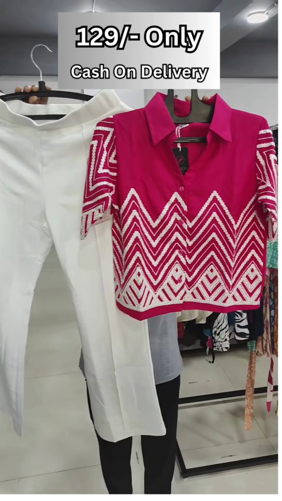 Trendy Women's Olive Green and White Zigzag Embroidered Top with Black Pants Set - Photo 4