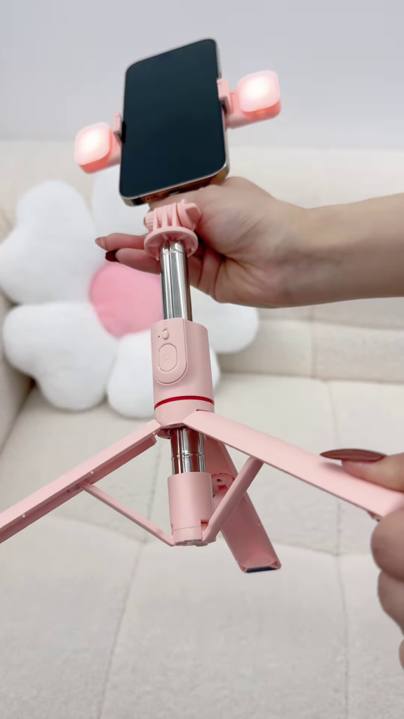 Pink Bluetooth Selfie Stick Tripod with Fill Lights and Phone Holder - Photo 1