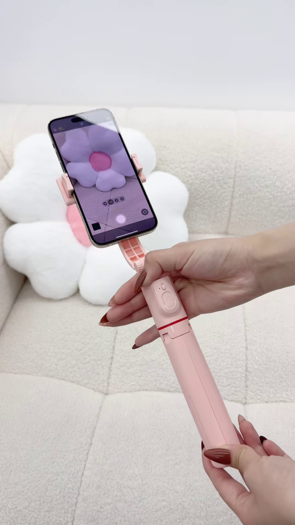 Pink Bluetooth Selfie Stick Tripod with Fill Lights and Phone Holder - Photo 4
