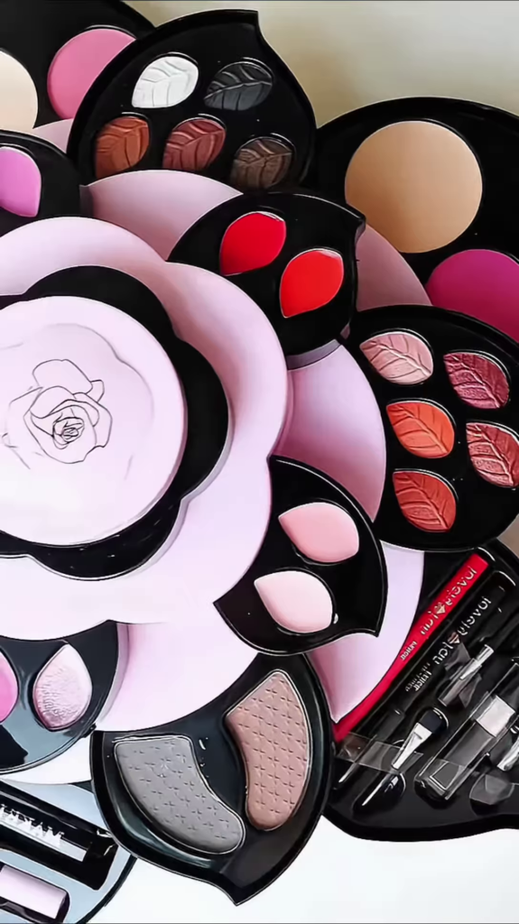 Large Rotating Flower Makeup Organizer Set with Eyeshadows, Blush, Lip Products, and Brushes - Photo 3