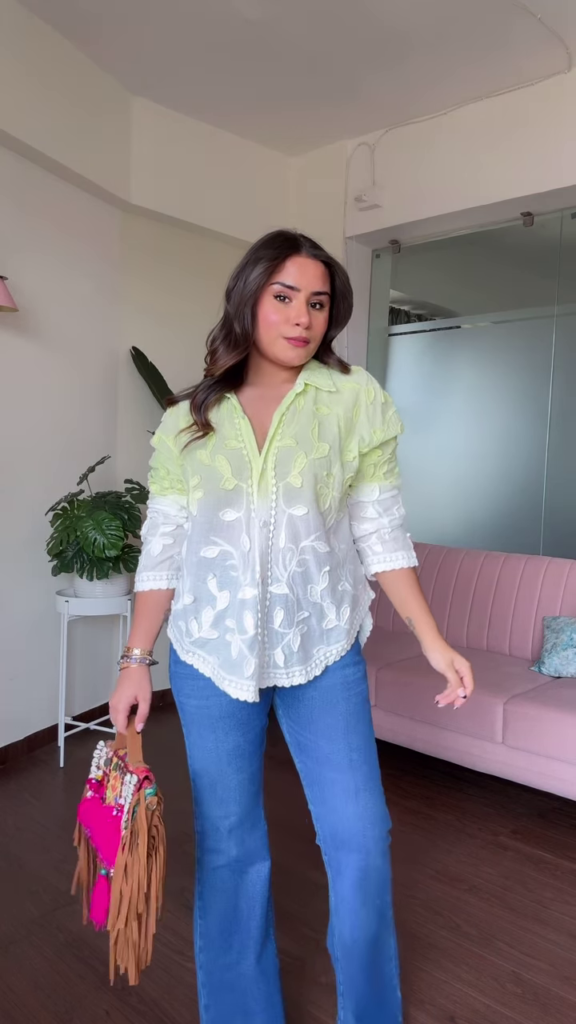Stylish Women's Ombre Embroidered Top with Ruffle Details and Wide-Leg Jeans - Photo 1