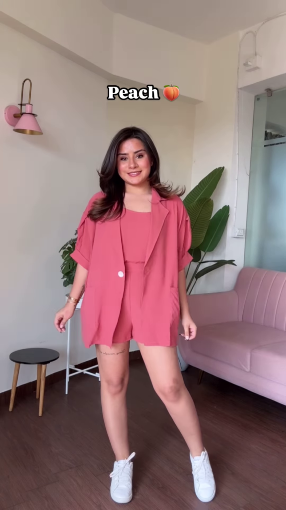 Chic Baby Pink Three-Piece Co-ord Set with Cropped Top, Shorts, and Blazer - Photo 2