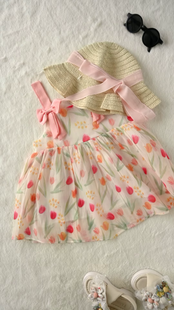 Sweet Baby Girl Summer Outfit Set: Floral Dress, Straw Hat, and Sandals - Photo 4