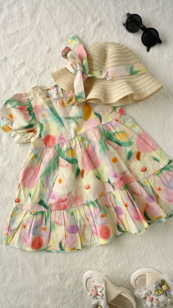 Sweet Baby Girl Summer Outfit Set: Floral Dress, Straw Hat, and Sandals - Photo 2