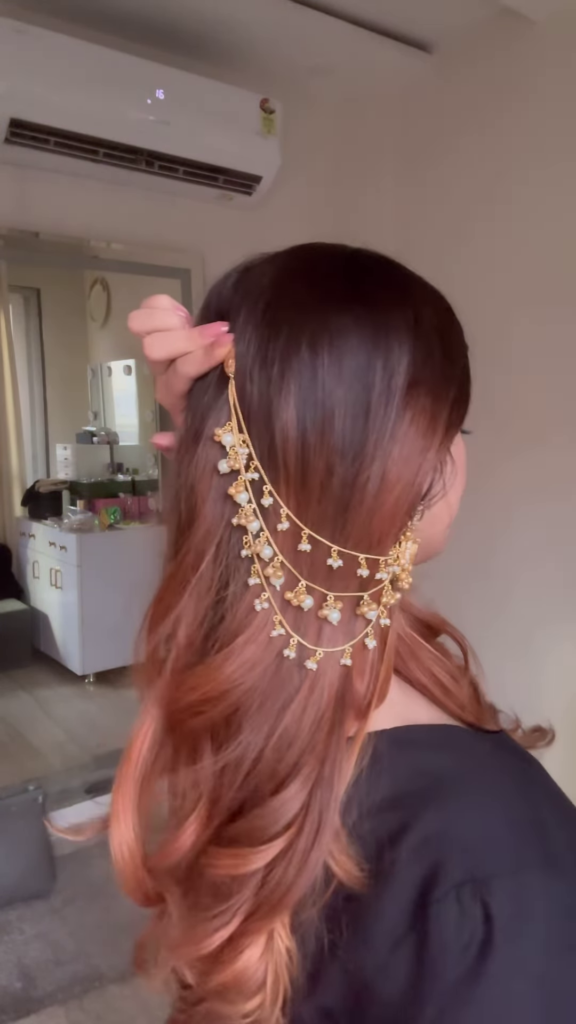 Elegant Gold-Toned Ear Chain (Kaan Chain/Mattal) with Kundan and Pearl Drops - Photo 5
