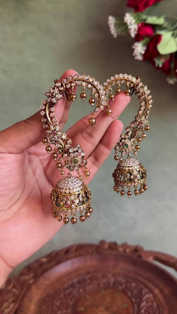 Intricate Gold-Toned Ear Cuffs with Jhumkas, Kundan, and Gemstone Details - Photo 1