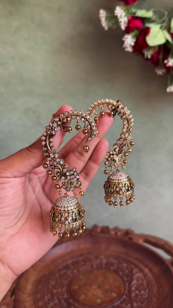 Intricate Gold-Toned Ear Cuffs with Jhumkas, Kundan, and Gemstone Details - Photo 2