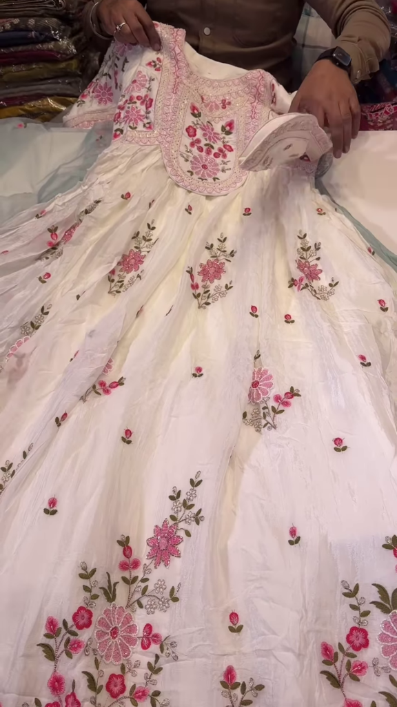 Elegant White Anarkali Kurta with Pink Floral Embroidery and Sheer Sleeves - Photo 1