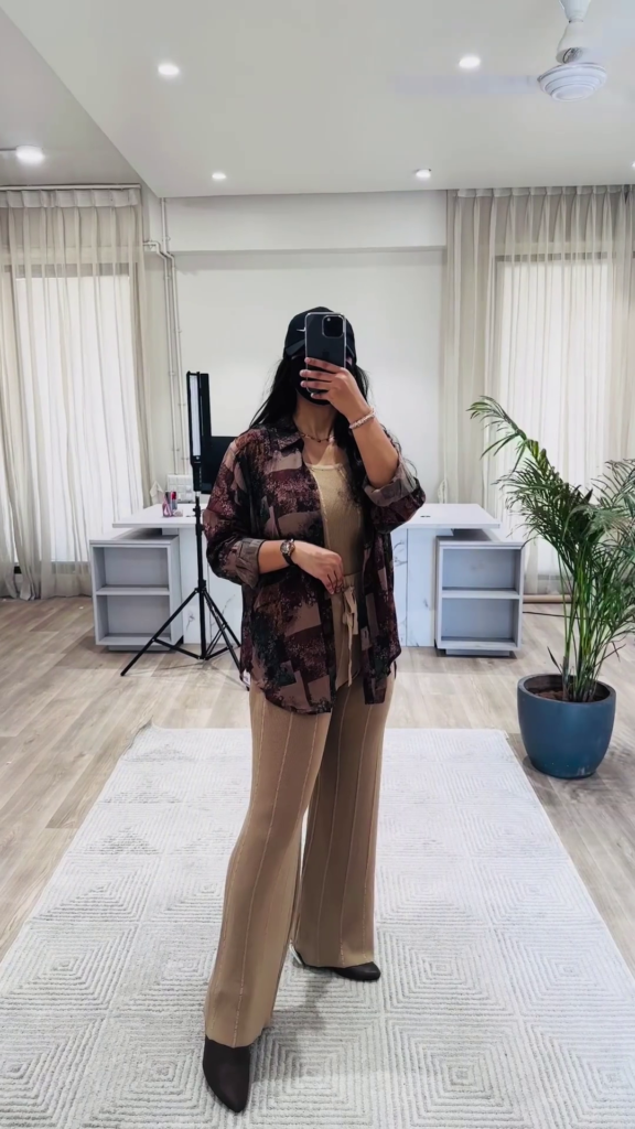 Bohemian Chic Outfit: Patterned Overshirt, Knit Top, and Wide-Leg Pants - Photo 1