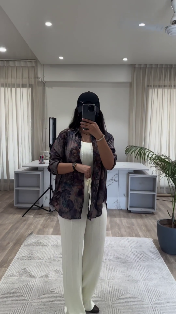 Bohemian Chic Outfit: Patterned Overshirt, Knit Top, and Wide-Leg Pants - Photo 5