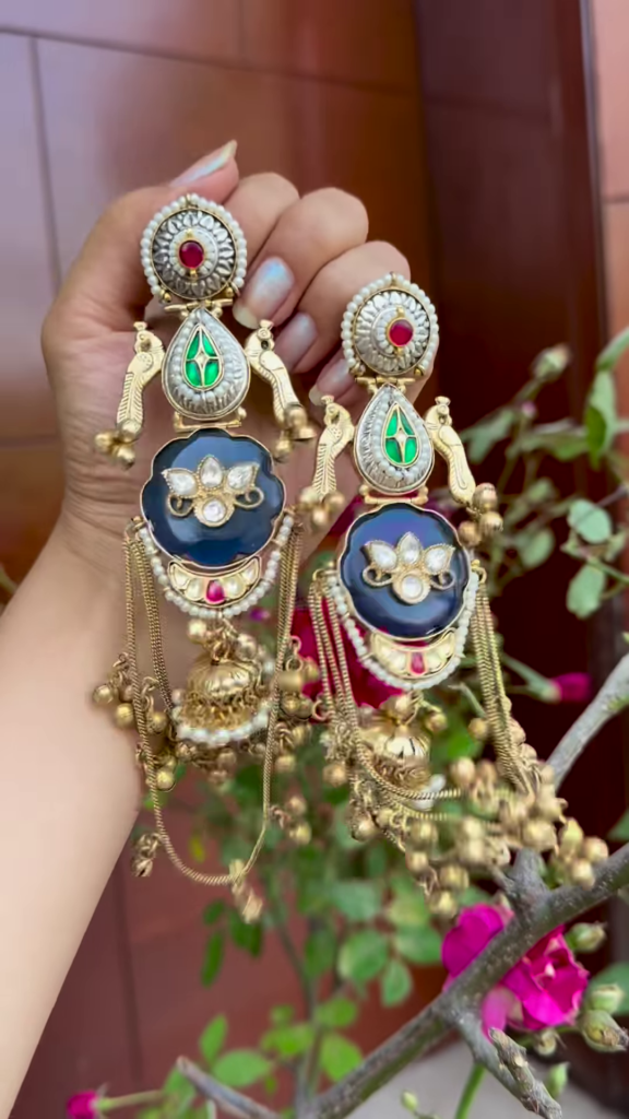 Opulent Gold-Toned Jhumka Earrings with Kundan, Gemstones, and Pearl Details - Photo 2