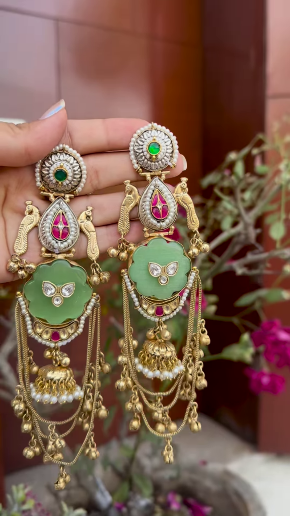 Opulent Gold-Toned Jhumka Earrings with Kundan, Gemstones, and Pearl Details - Photo 5