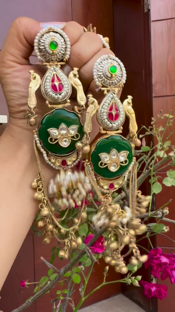 Opulent Gold-Toned Jhumka Earrings with Kundan, Gemstones, and Pearl Details - Photo 4