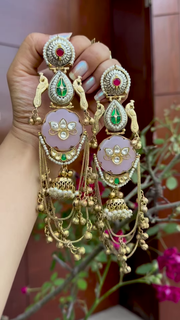 Opulent Gold-Toned Jhumka Earrings with Kundan, Gemstones, and Pearl Details - Photo 3