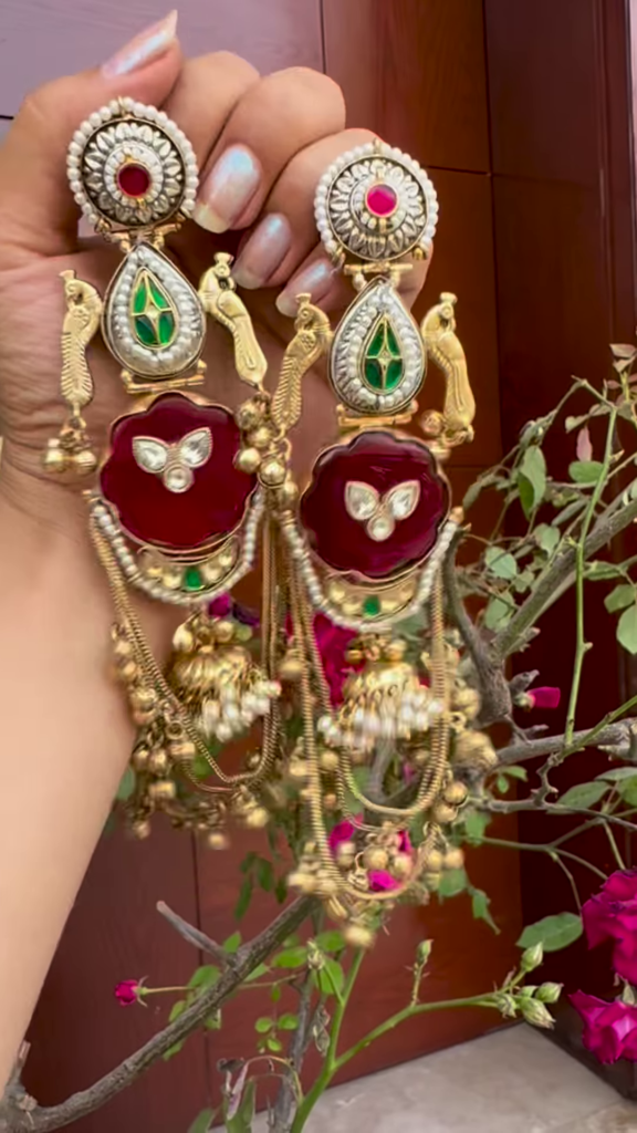 Opulent Gold-Toned Jhumka Earrings with Kundan, Gemstones, and Pearl Details - Photo 1