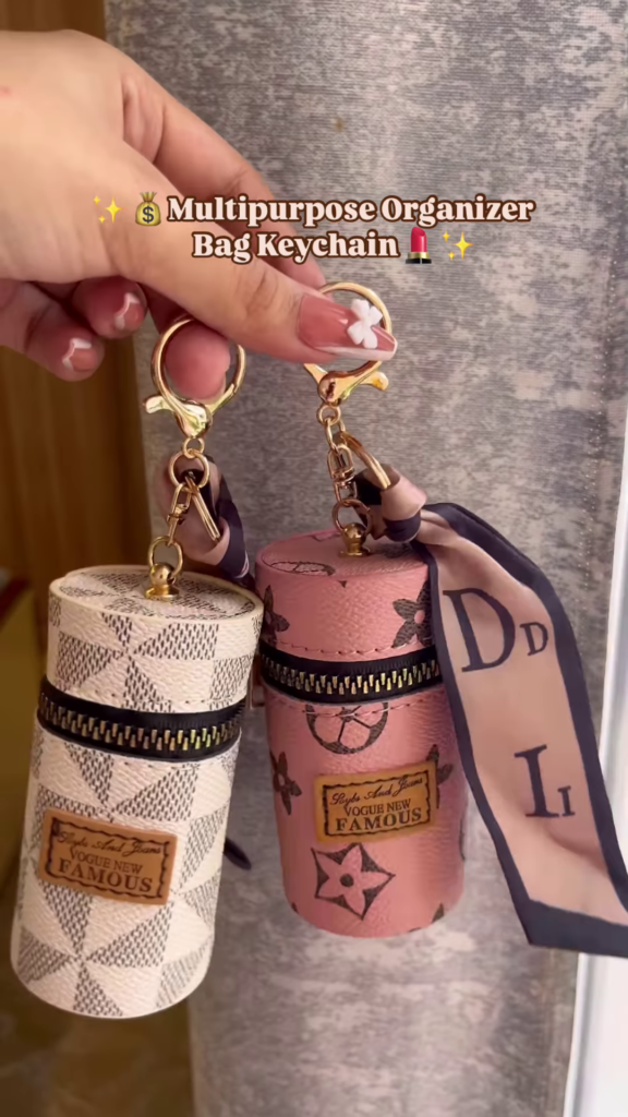 Compact Cylinder Keychain Bag with Zipper and Decorative Scarf - Photo 1