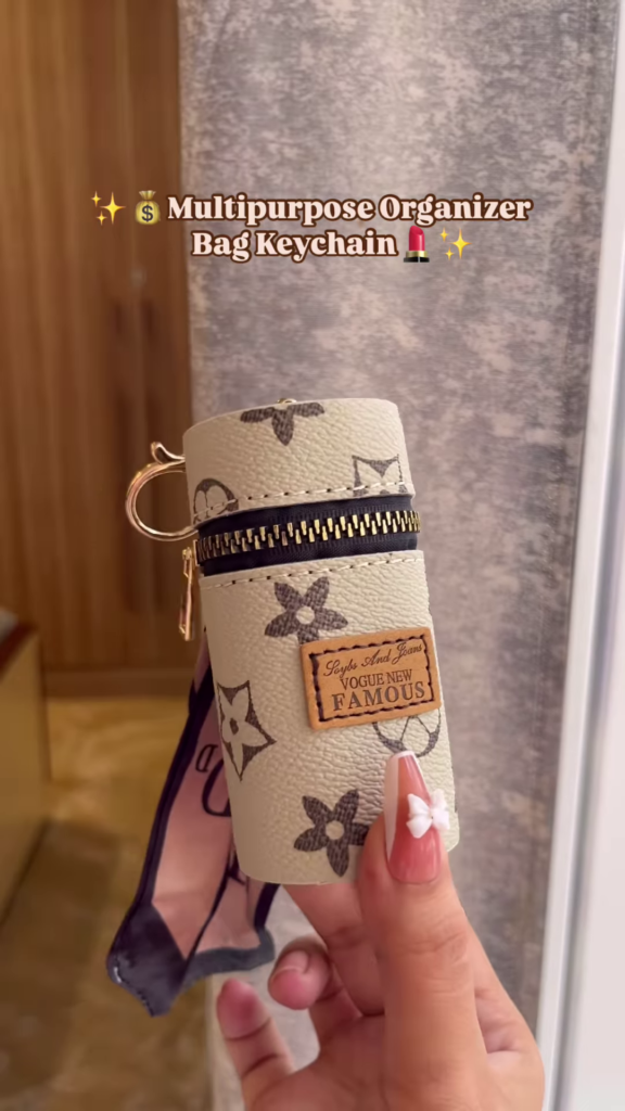 Compact Cylinder Keychain Bag with Zipper and Decorative Scarf - Photo 6