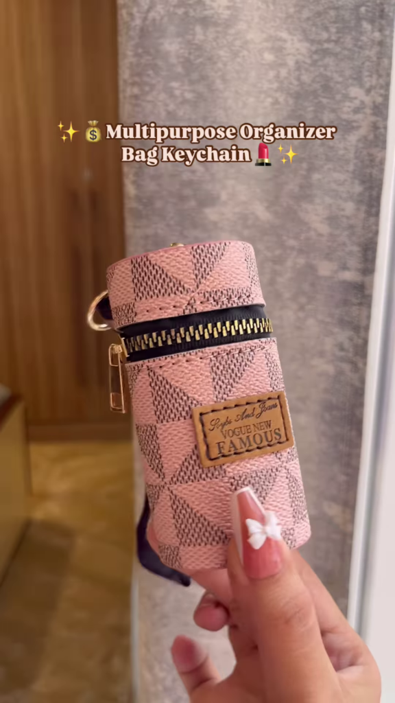 Compact Cylinder Keychain Bag with Zipper and Decorative Scarf - Photo 3