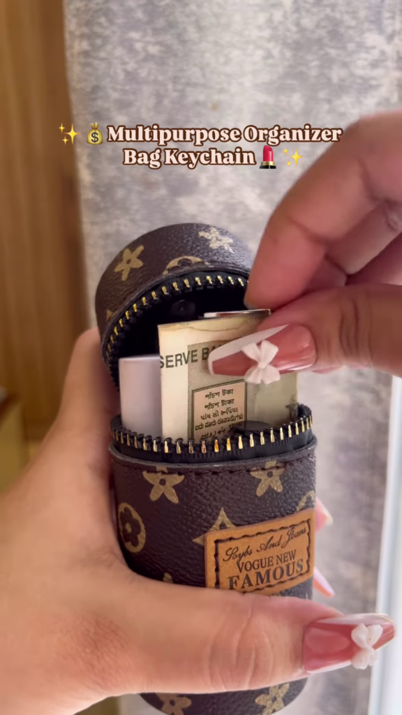 Compact Cylinder Keychain Bag with Zipper and Decorative Scarf - Photo 2
