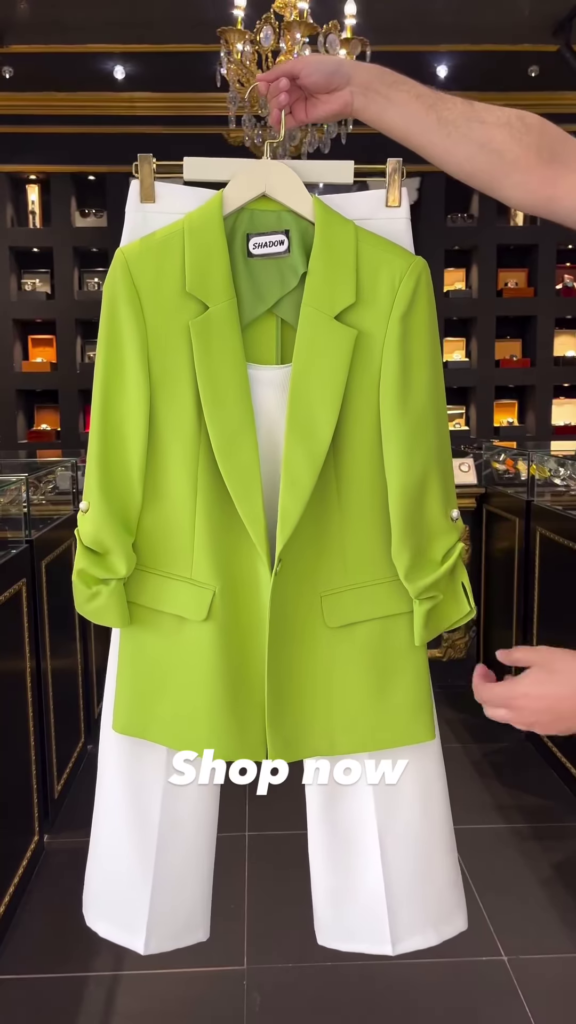 Vibrant Lime Green Blazer with Ruched Sleeves and Pearl Detail - Photo 1
