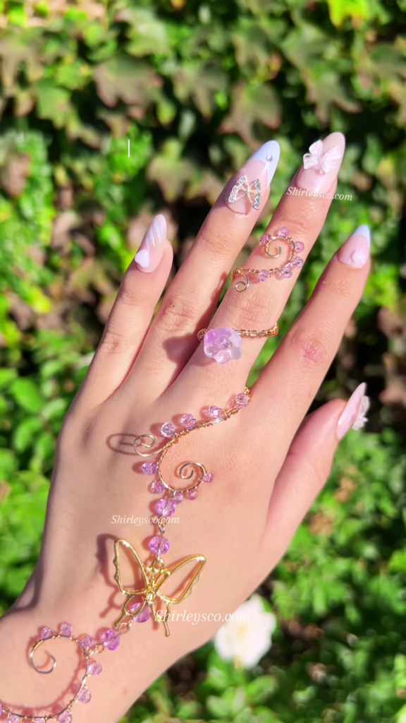 Whimsical Fairy Hand Bracelet with Butterfly, Flowers, and Crystal Beads - Photo 1
