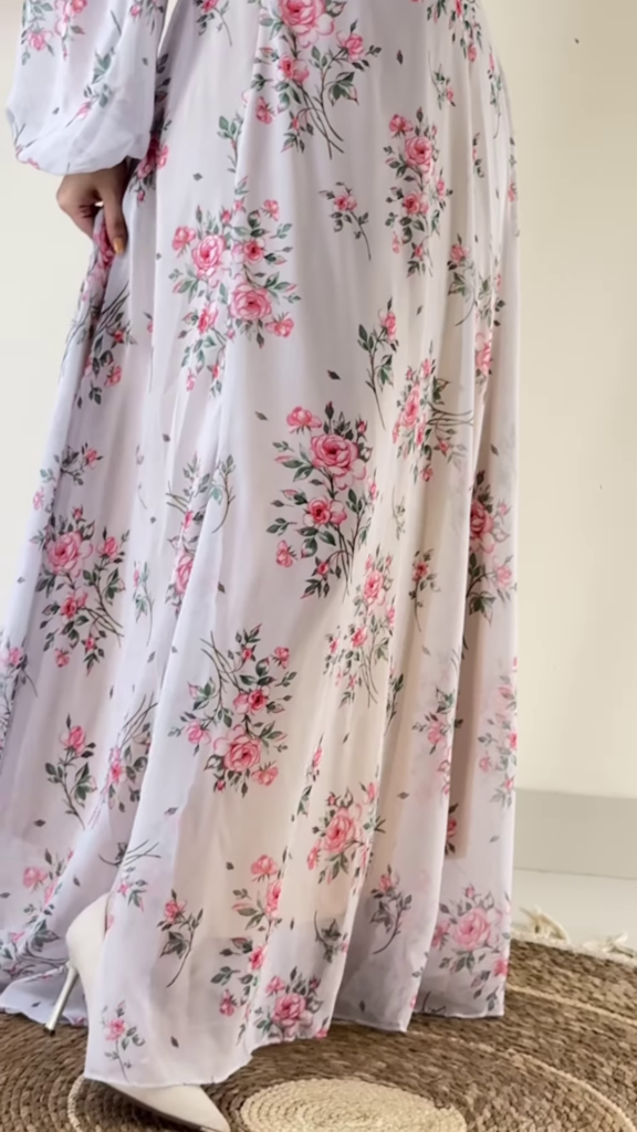 Romantic Floral Print Midi Dress with Sheer Sleeves and Lace Trim - Photo 2