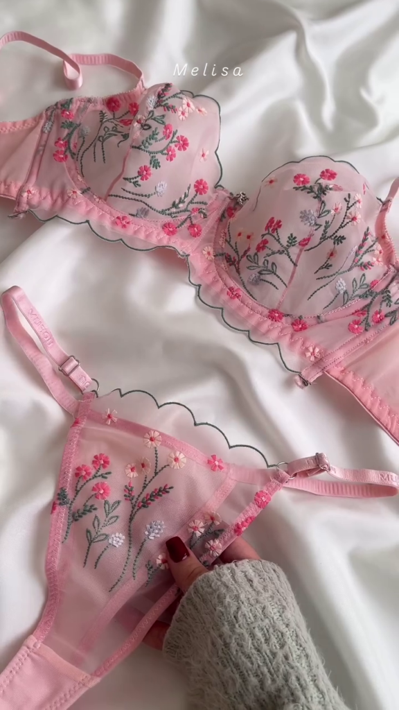 Delicate Pink Floral Embroidered Lingerie Set with Sheer Details - Photo 1