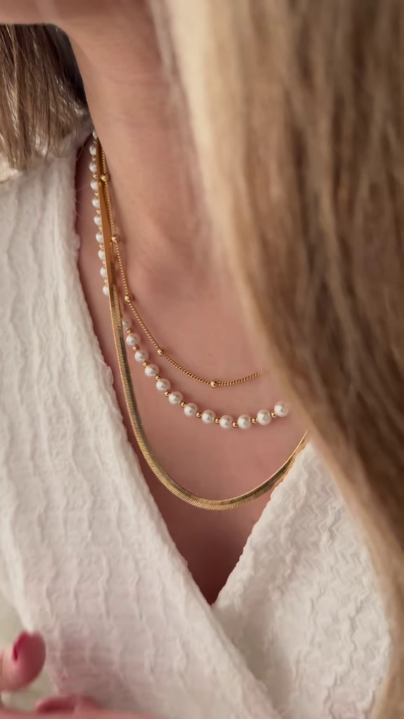 Elegant Layered Gold-Toned Necklace Set with Herringbone Chain and Pearl Strands - Photo 2