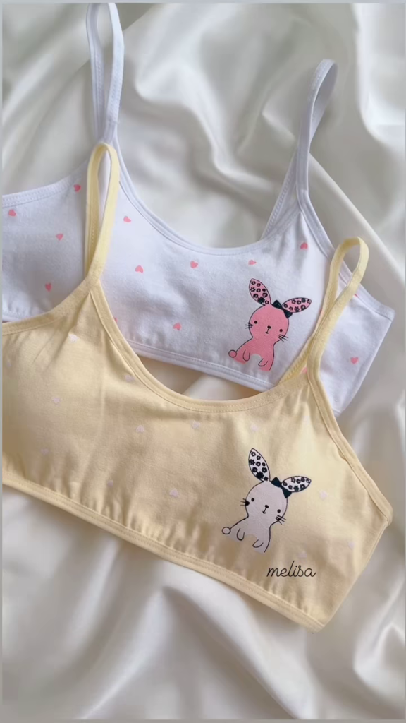 Cute White Cotton Training Bra with Pink Bunny and Hearts for Girls - Photo 1