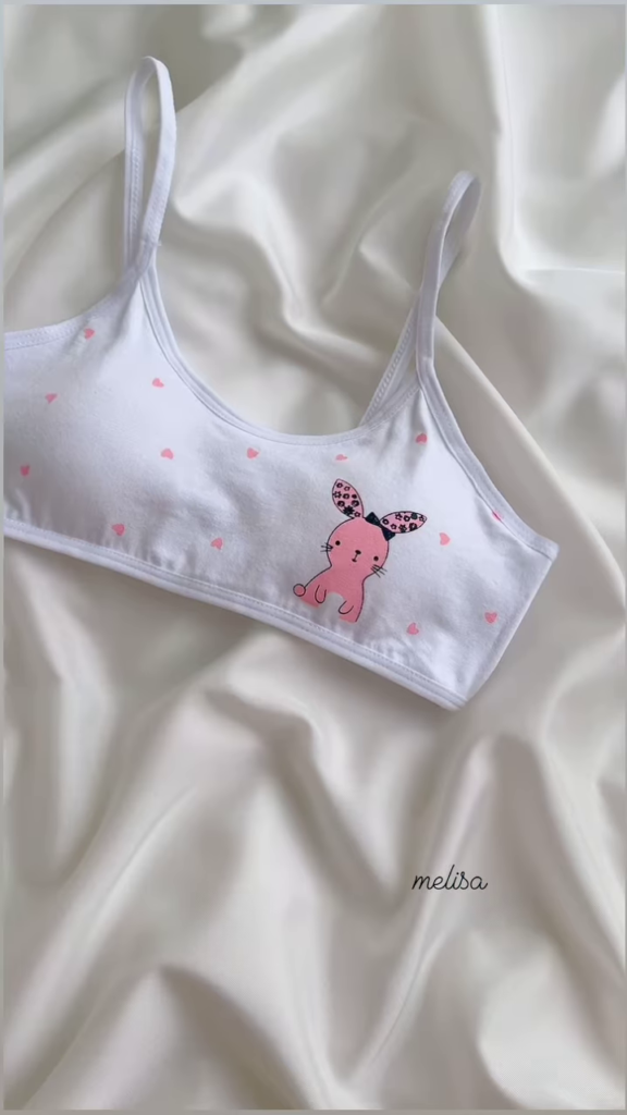 Cute White Cotton Training Bra with Pink Bunny and Hearts for Girls - Photo 2