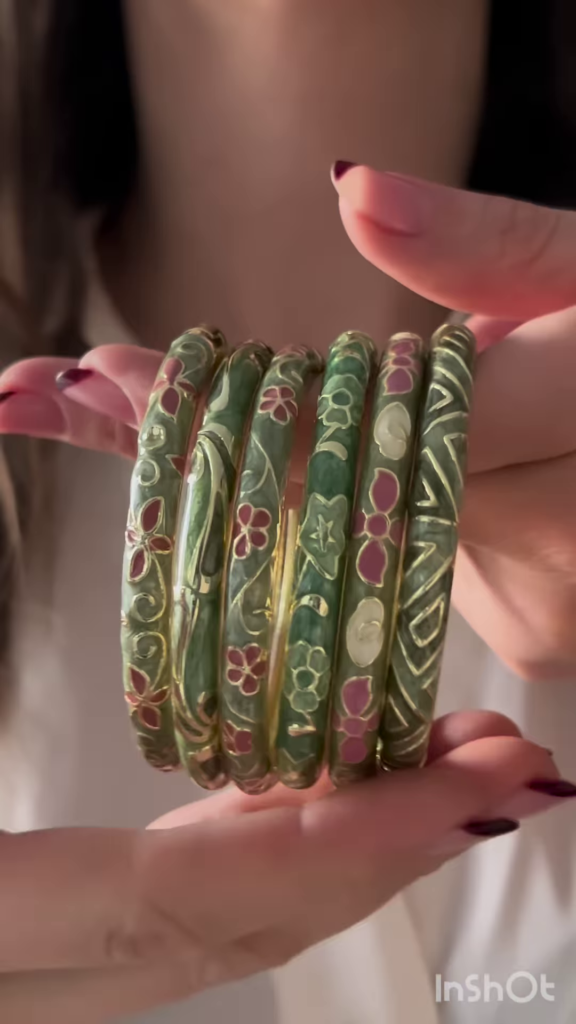Set of Six Vintage-Inspired Enamel Bangles with Floral and Geometric Designs - Photo 1