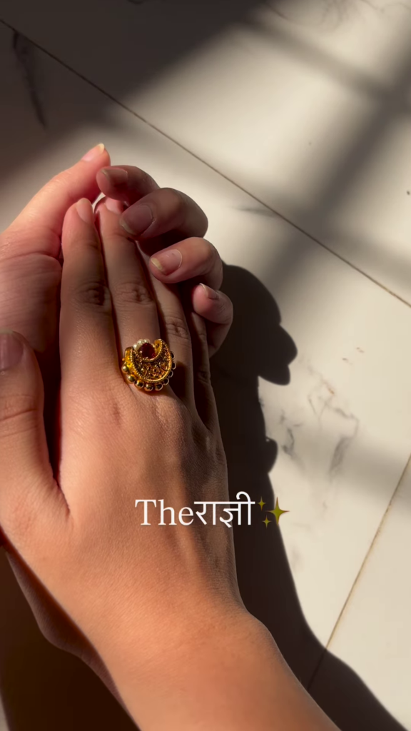 Ornate Gold-Toned Adjustable Ring with Ruby, Pearl, and Intricate Filigree - Photo 3