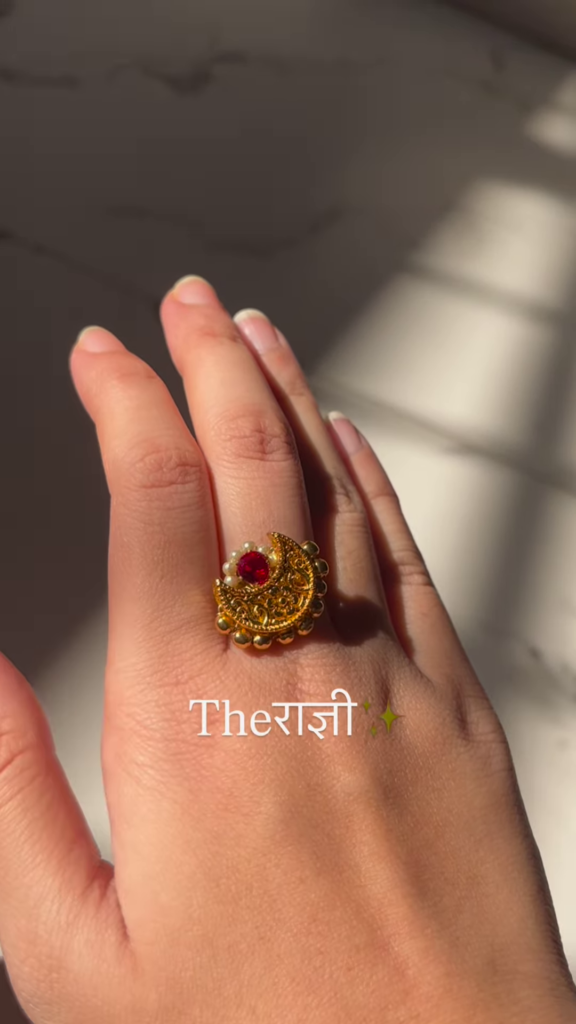 Ornate Gold-Toned Adjustable Ring with Ruby, Pearl, and Intricate Filigree - Photo 2
