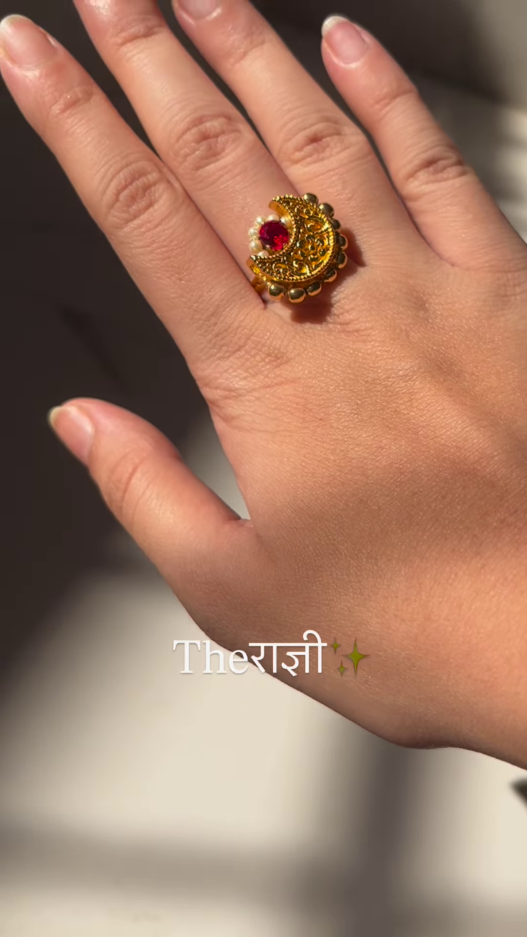 Ornate Gold-Toned Adjustable Ring with Ruby, Pearl, and Intricate Filigree