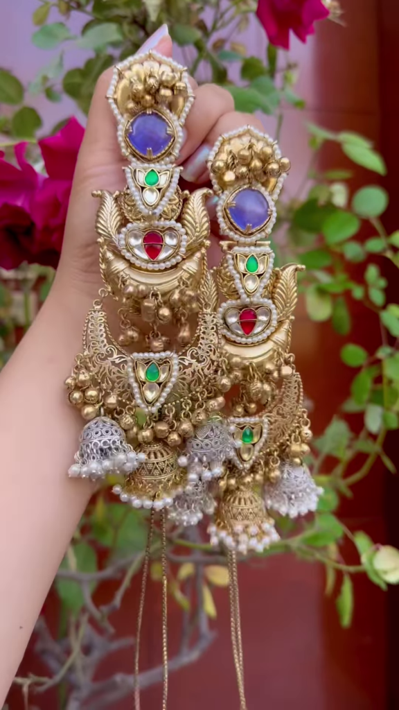 Elaborate Gold-Toned Chandbali Jhumka Earrings with Gemstones and Kashmiri Chains - Photo 2