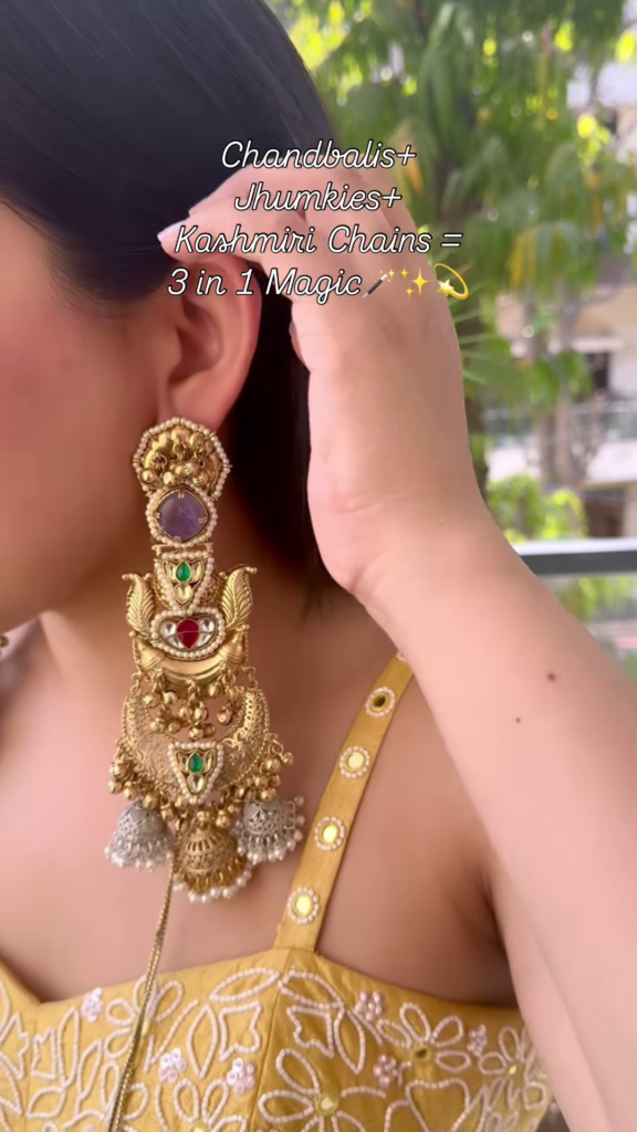 Elaborate Gold-Toned Chandbali Jhumka Earrings with Gemstones and Kashmiri Chains - Photo 1