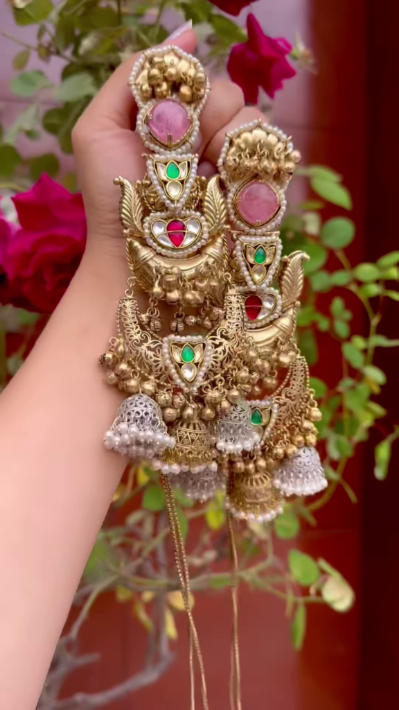 Elaborate Gold-Toned Chandbali Jhumka Earrings with Gemstones and Kashmiri Chains - Photo 3