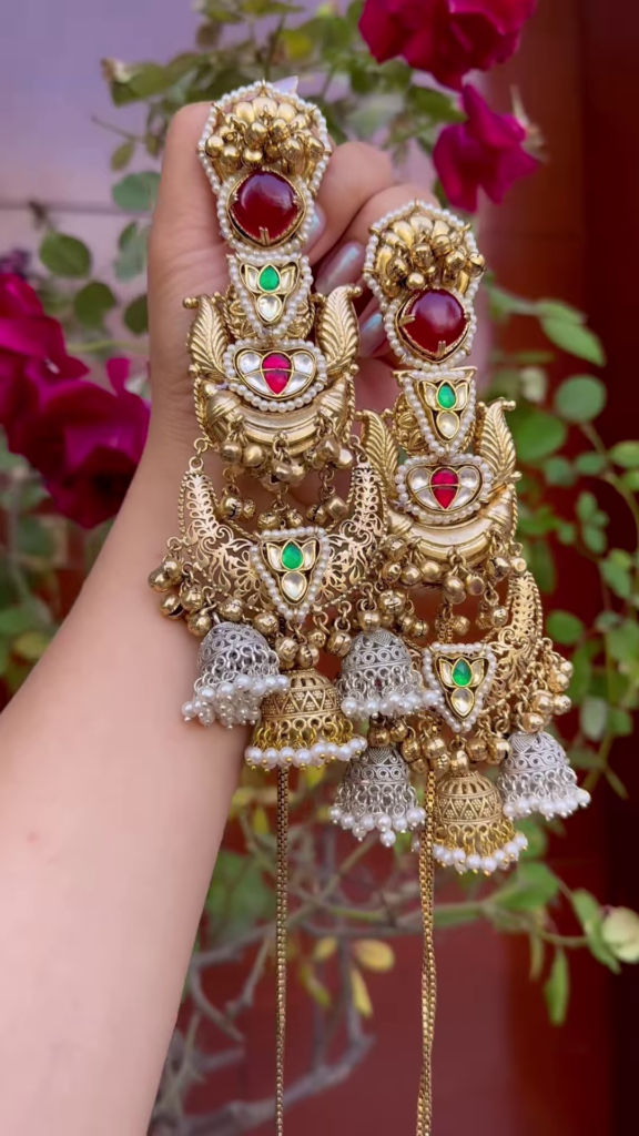 Elaborate Gold-Toned Chandbali Jhumka Earrings with Gemstones and Kashmiri Chains - Photo 4