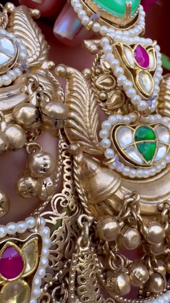 Elaborate Gold-Toned Chandbali Jhumka Earrings with Gemstones and Kashmiri Chains - Photo 5