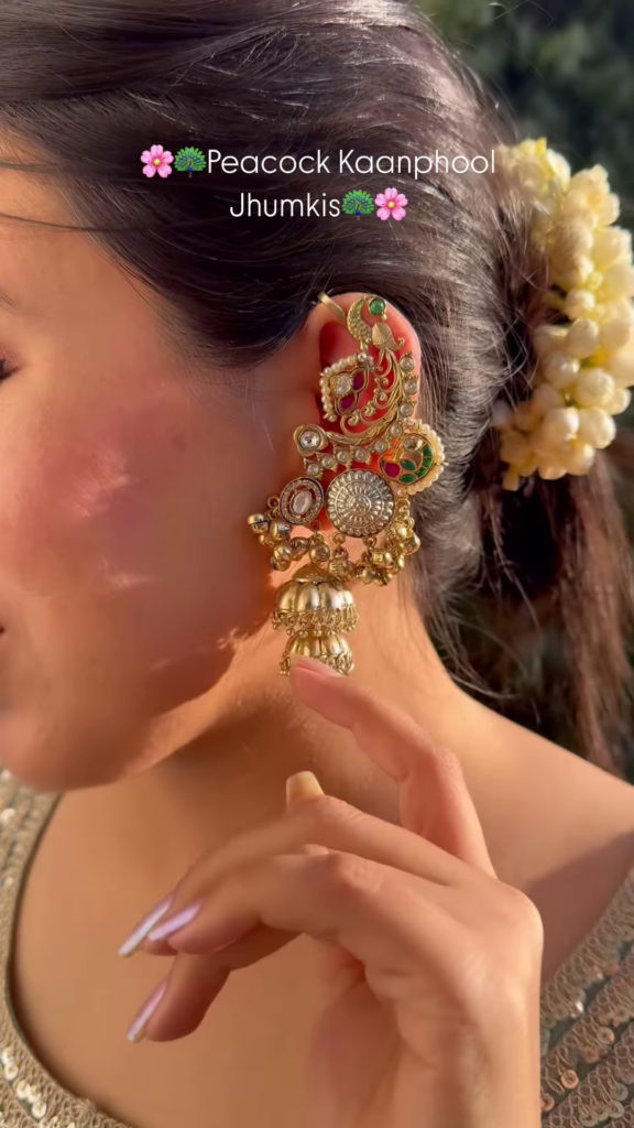 Exquisite Peacock Kaanphool Jhumki Earrings with Kundan and Enamel - Photo 1