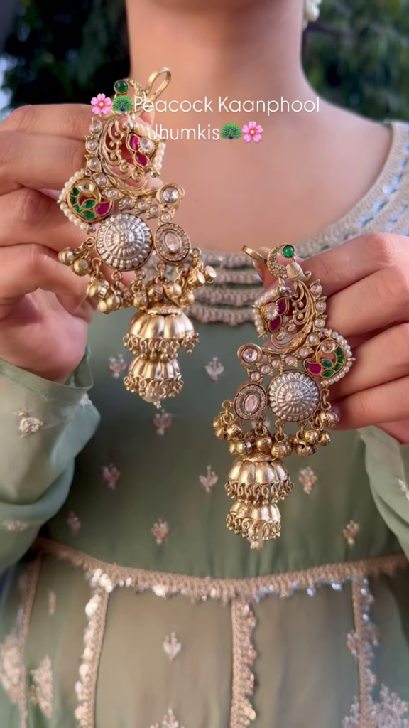 Exquisite Peacock Kaanphool Jhumki Earrings with Kundan and Enamel - Photo 2