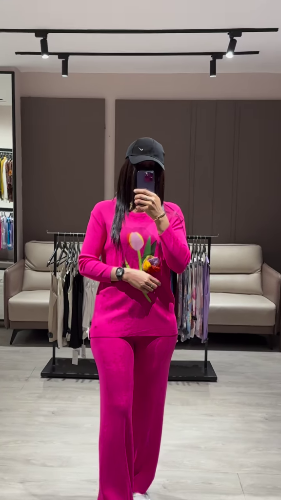 Vibrant Pink Knit Sweater and Wide-Leg Pants Lounge Set with Floral Appliqué - Photo 1