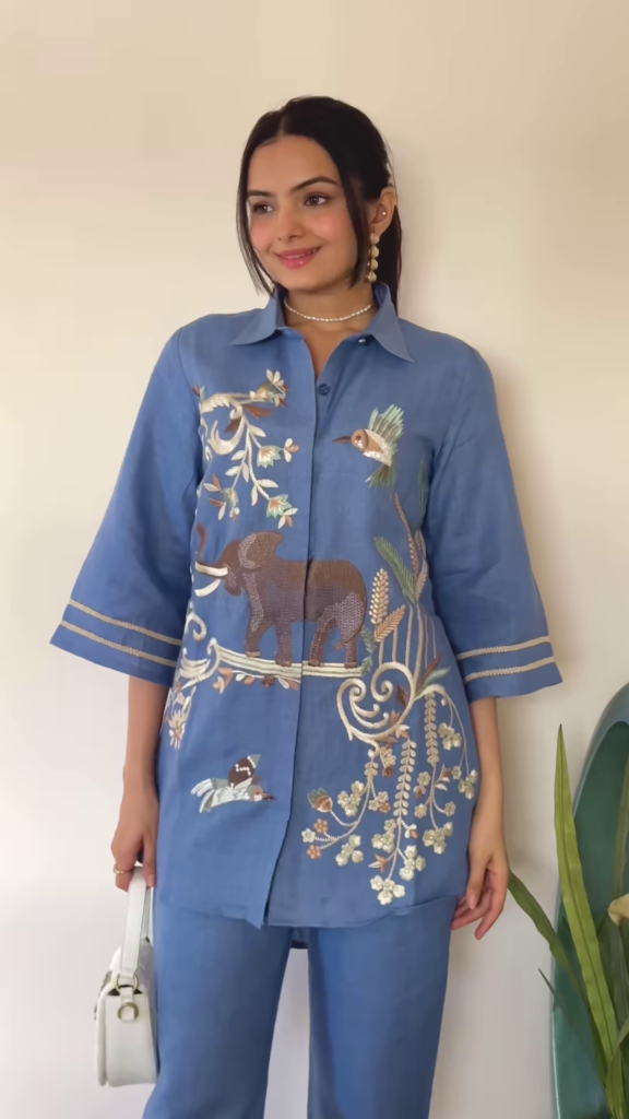 Artisanal Embroidered Linen Blend Shirt and Pants Set with Animal Motifs - Photo 1