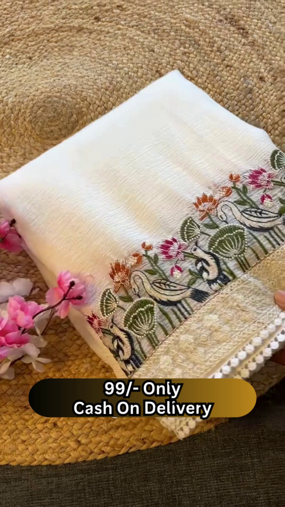Elegant Off-White Saree with Floral and Bird Embroidered Border - Photo 1