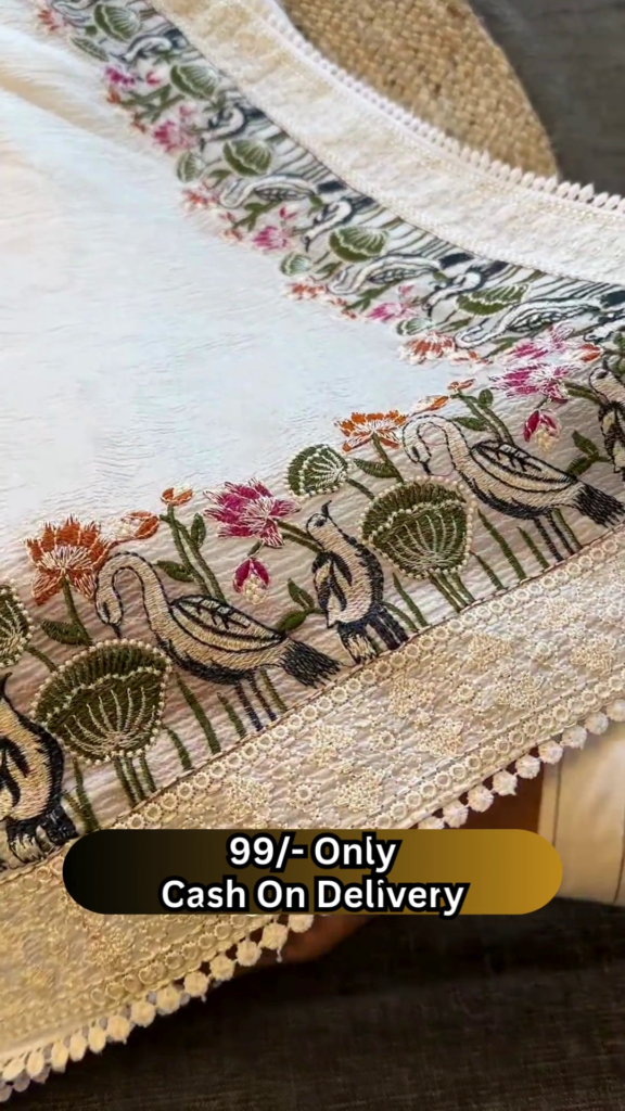 Elegant Off-White Saree with Floral and Bird Embroidered Border - Photo 5